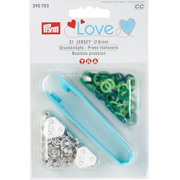 Prym Love Jersey Druckknöpfe (8 mm/ grün/ hellgrün/ dunkelgrün/ 21 St./ inkl.Werkzeug)