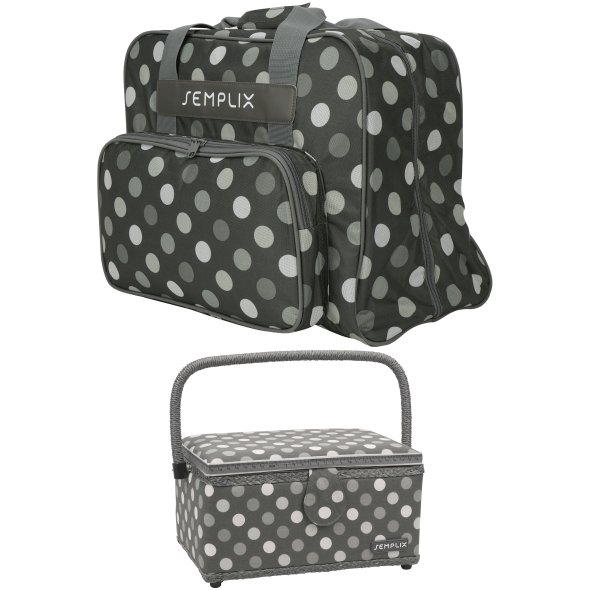 Semplix Polka Dots Nähmaschinentasche mit Nähkorb L (anthrazit/grau)
