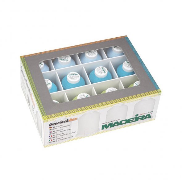 Madeira Aerolock + Aeroflock Overlockbox (12 Konen/1000 m/ grün/ türkis/ hellblau)