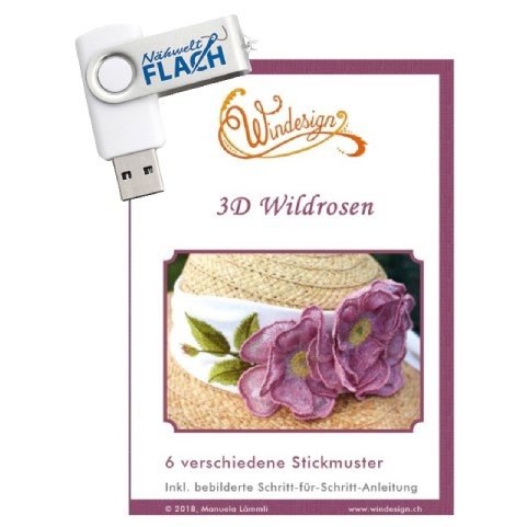 Windesign Stickmuster USB 3D Wildrosen (6 Stickmuster)