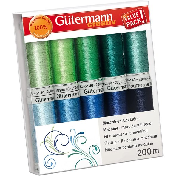 Gütermann Rayon 40 Stickfaden-Set-3 (10 x 200 m/ grün/ blau)