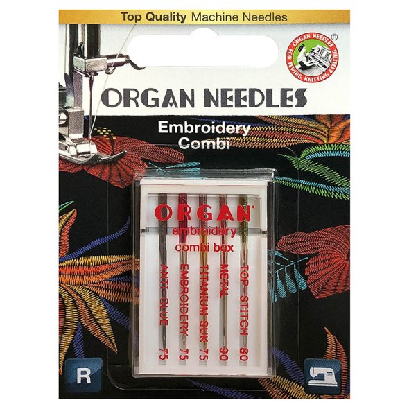 Organ Combi-Box Embroidery/ Titanium/ Metall/ Top Stitch/ Anti-Glue/ 130/705H/ 5 Nadeln