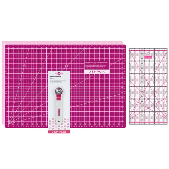 Semplix Schneidematten-Set A3 pink/beere/ Lineal/ Rollschneider 28 mm