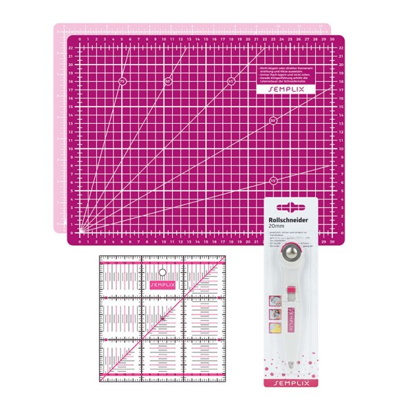 Semplix Schneidematten-Set A4 pink/beere Lineal/ Rollschneider 20 mm