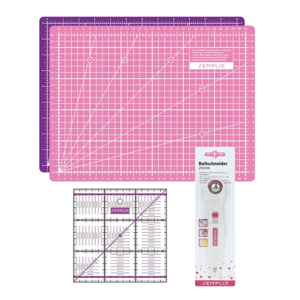 Semplix Schneidematten-Set A4 pink/lila Lineal/ Rollschneider 20 mm