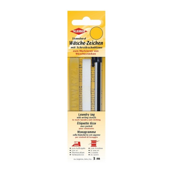 Kleiber Standard Wäschezeichen (aufbügelbar/ weiß/ 3 m x 1 cm/ Schablone/ Stift)