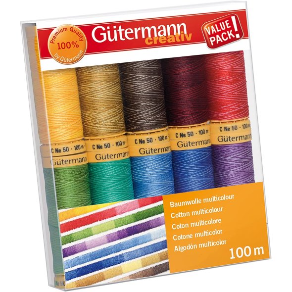 Gütermann Multicolour Baumwolle Nähfaden-Set-1 (10 Farben/ 100 m)