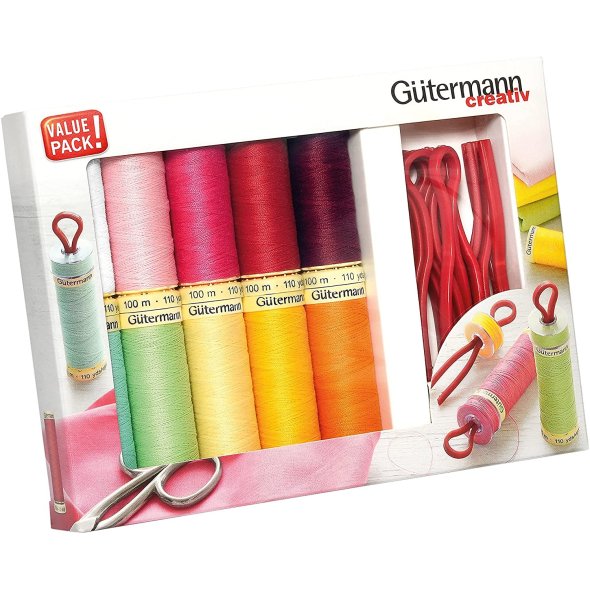 Gütermann Allesnäher + 10 Bobbin-Clips Nähfaden-Set (10 Farben/ 100 m )
