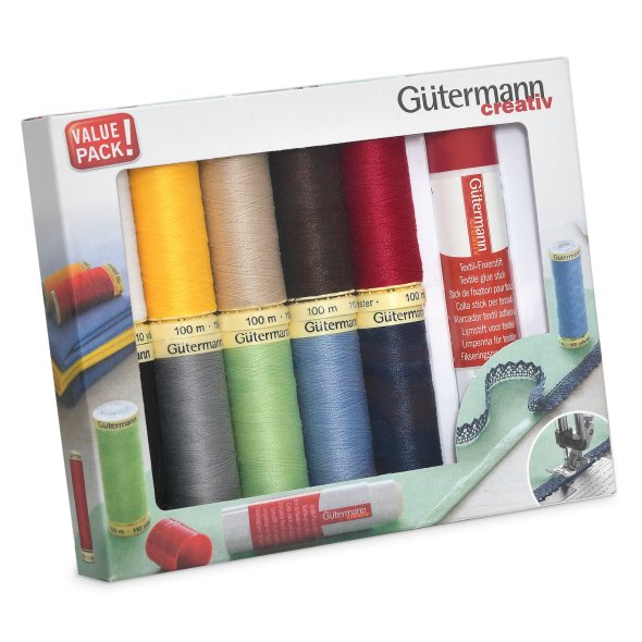 Gütermann Nähfaden-Set + Gütermann Fixierstift (10 Spulen/ 100 m)