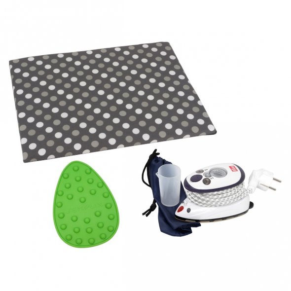 Semplix Bügelunterlage grau + Mini-Bügeleisen + Silikon Ablage grün