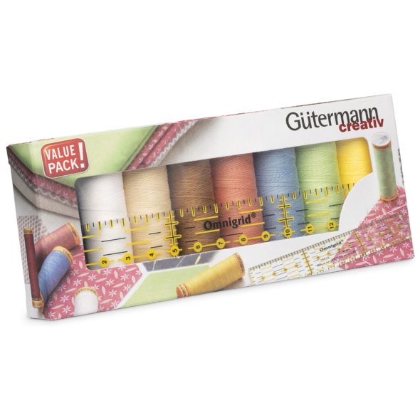 Gütermann Baumwolle C Ne 50 Nähfaden-Set + Prym Lineal 3 x 15 cm (8 Farben/ 100 m)