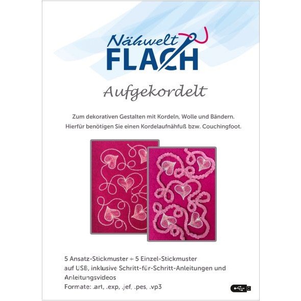 Nähwelt Flach Stickmuster USB "Aufgekordelt" (5 Ansatz + 5 Einzel-Stickmuster)