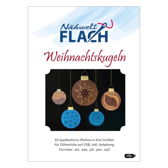Nähwelt Flach Stickmuster USB "Weihnachtskugeln" (16 Applikations-Motive)