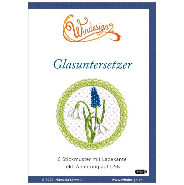 Windesign Stickmuster USB "Glasuntersetzer" (6 Stickmuster mit Lacekante)