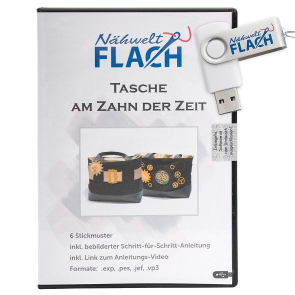 Nähwelt Flach Stickmuster USB "Tasche am Zahn der Zeit" (6 Stickmuster)