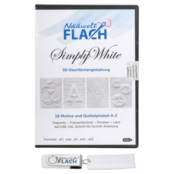 Nähwelt Flach USB SimplyWhite (18 Motive und Quilt-Alphabet A-Z + Anleitung)