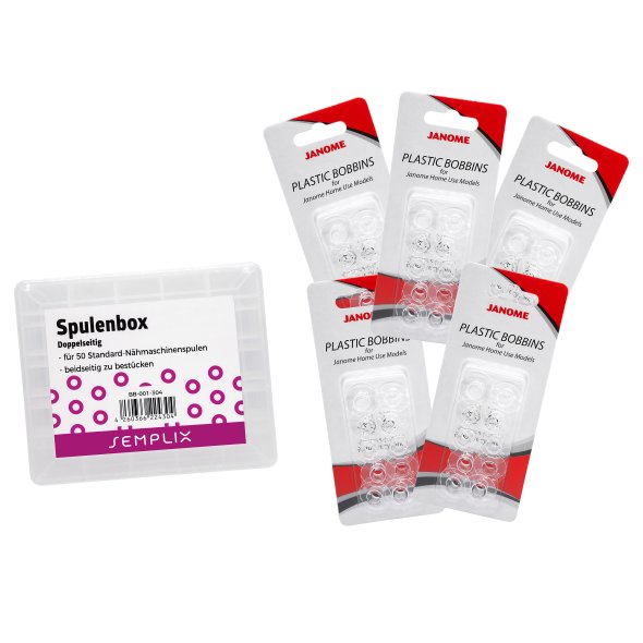 Semplix Spulenbox mit 50 original Janome Spulen (CB-Greifer und Drop in/ 20,5 x 11,5 mm) Sparpack!