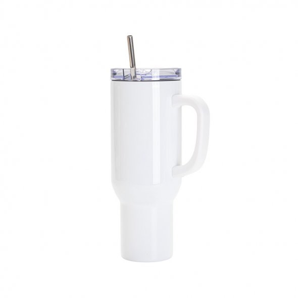 Edelstahl-Becher mit Strohhalm (1200 ml / weiß / für Sublimationsdrucke geeignet)