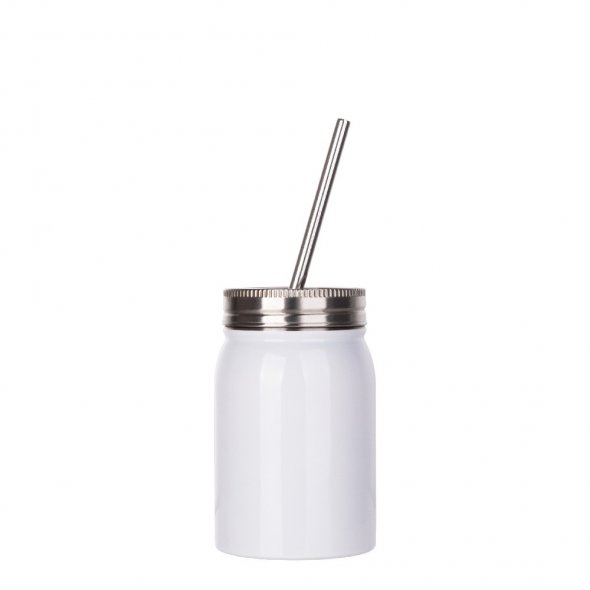 Thermo-Becher mit Metalldeckel und -strohhalm (500 ml / weiß / für Sublimationsdrucke geeignet)