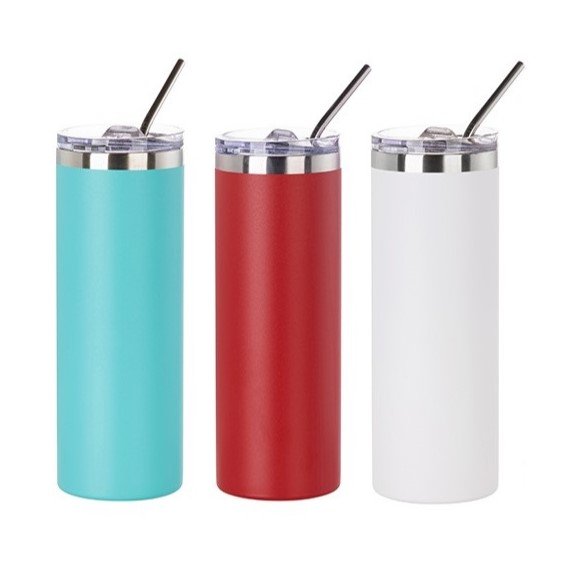 Thermo-Becher mit Schiebe-Deckel und Strohhalm (600 ml / farbig / für Sublimationsdrucke geeignet)