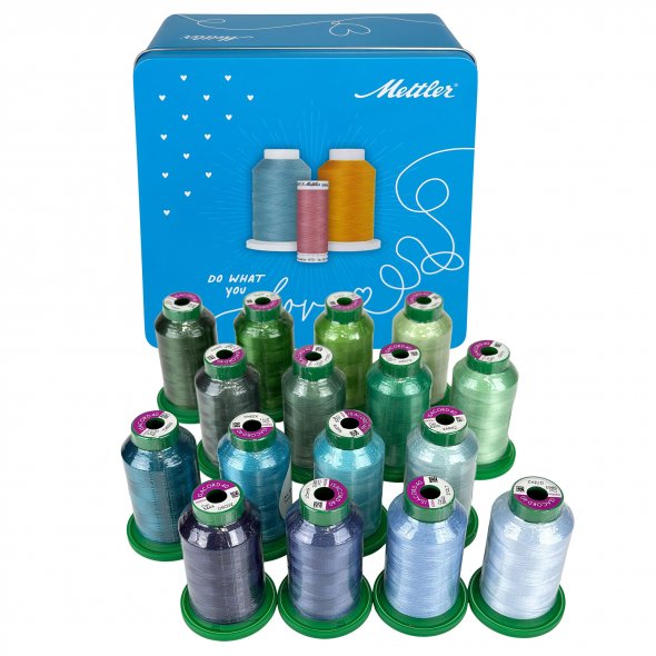 Amann Mettler Garndose Isacord (Farbe grün, blau, aqua, türkis / 1000 m / 16 Konen / Stickgarn)