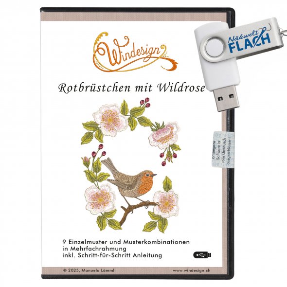 Windesign Stickmuster USB "Rotbrüstchen mit Wildrose" (9 Motive)
