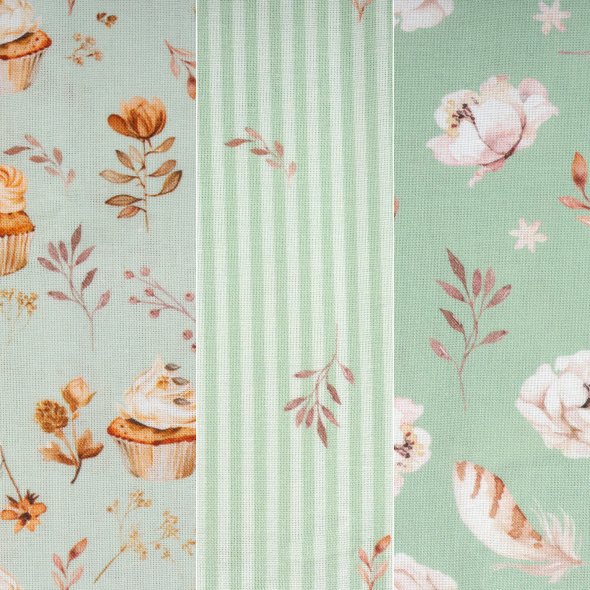 3er Bundle Baumwollstoff gemustert (je 50 x 135 cm / mint/beige/rosé