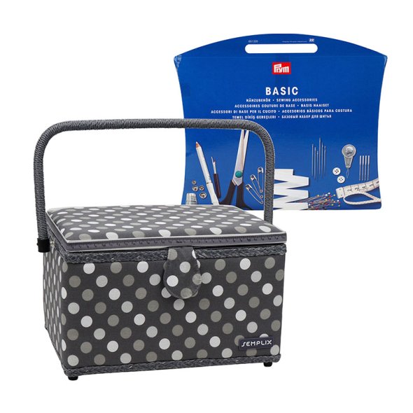 Semplix Nähkorb L Polka Dots anthrazit/ grau/ inkl. Prym Nähsortiment