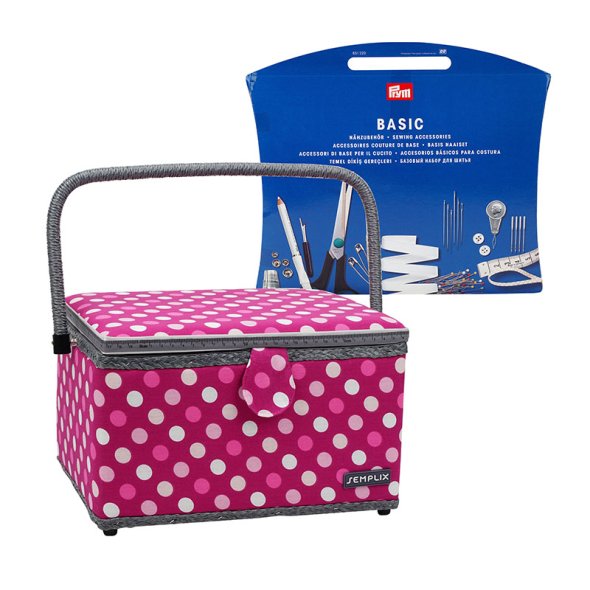 Semplix Nähkorb L Polka Dots beere/ rosa/ inkl. Prym Nähsortiment