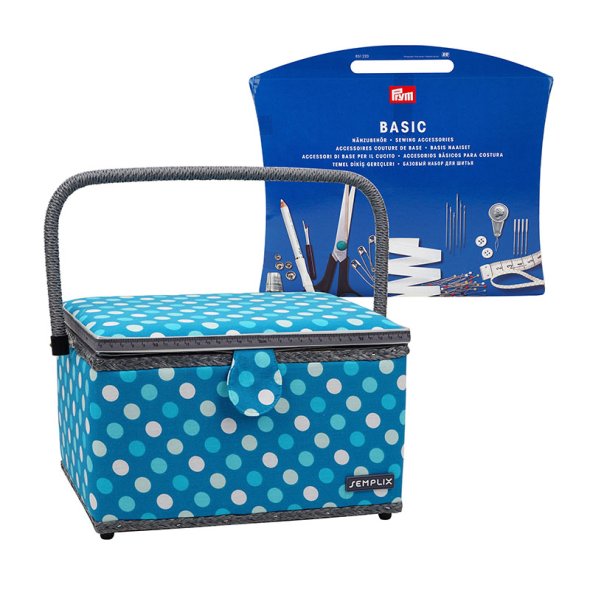 Semplix Nähkorb L Polka Dots petrol/ türkis/ inkl. Prym Nähsortiment