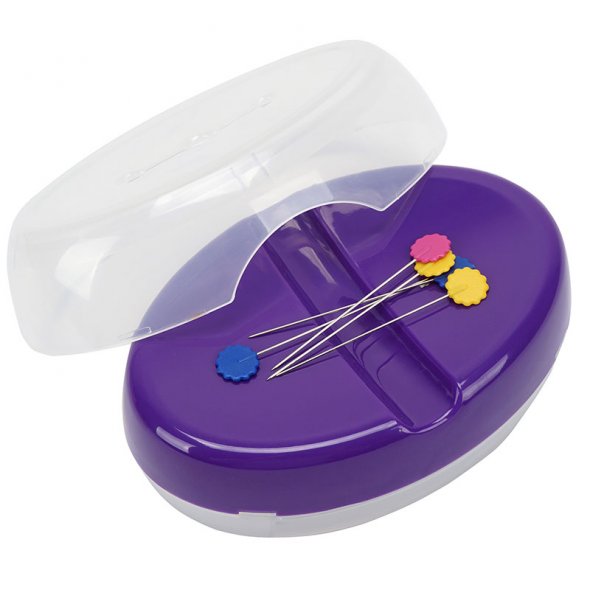 Starkes Magnet-Nadelkissen (mit Aufbewahrungs-Box+10 Blumenkopf-Stecknadeln lila)
