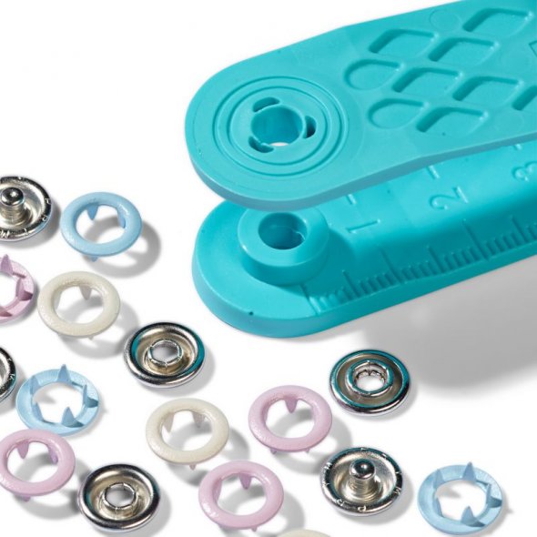 Prym Love Jersey Druckknöpfe (8 mm/ rosa/ hellblau/ perle/ 21 St./ inkl.Werkzeug)