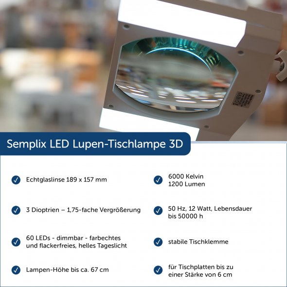 Semplix LED Lupen-Tischlampe 3D weiß (Linse 189 x 157 mm/ Tischklemme)