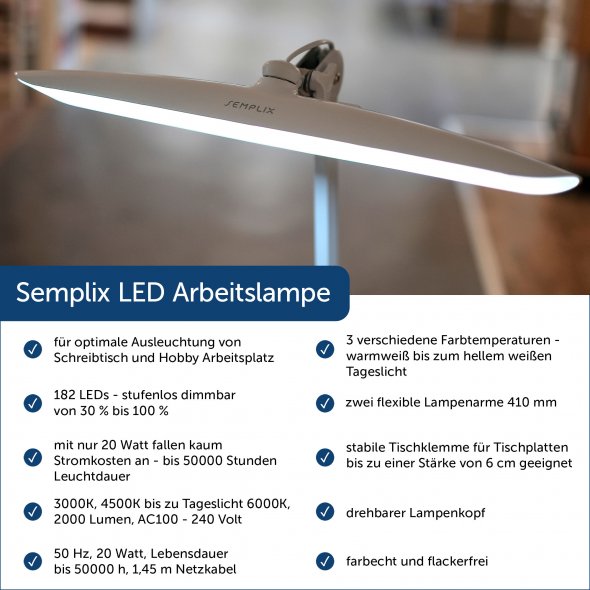 Semplix LED Arbeitslampe Tischlampe schwarz (182 LED/ 3 Farben/ dimmbar/ Tischklemme)