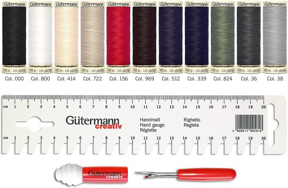 Gütermann Allesnäher + Handmaß + seam-fix mini Nähfaden-Set (11 Farben/ 100 m)