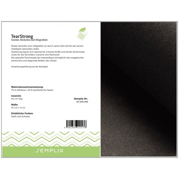 Semplix TearStrong (33 cm x 10 m/ starkes Stickvlies zum Wegreißen/ schwarz)