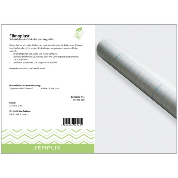 Semplix Filmoplast® (33 cm x 5 m/ selbstkleb. Stickvlies zum Wegreißen/ schwarz)