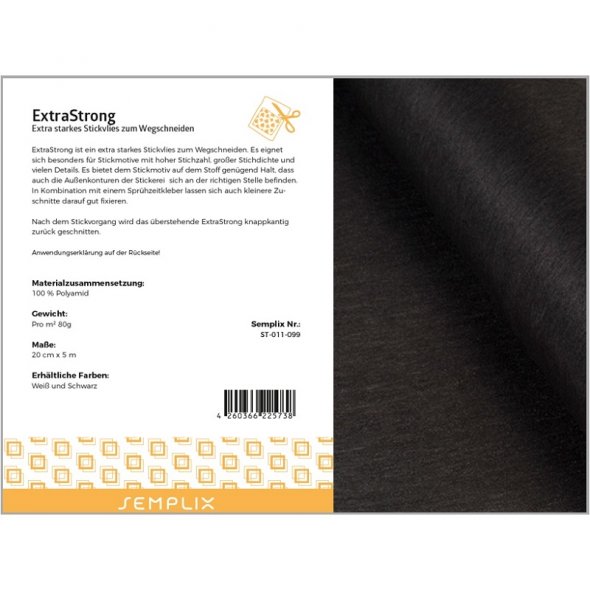 Semplix ExtraStrong (20 cm x 5 m/ extr.stark. Stickvlies zum Wegschneiden/ schwarz)
