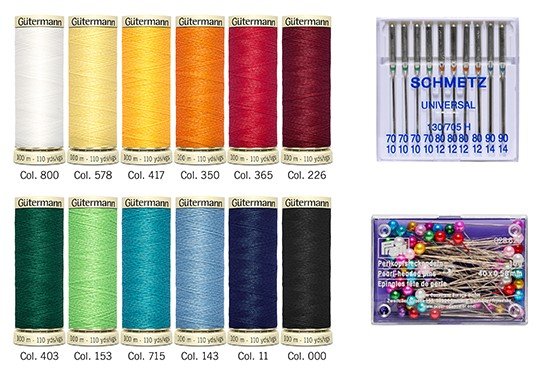 Gütermann Allesnäher + Näh- u. Stecknadeln Nähfaden-Set (12 Farben/ 100 m)