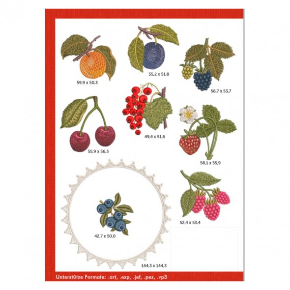 Windesign Stickmuster USB "Früchte und Beeren" (8 Früchtemotive/ 1 Lacedeckchen)