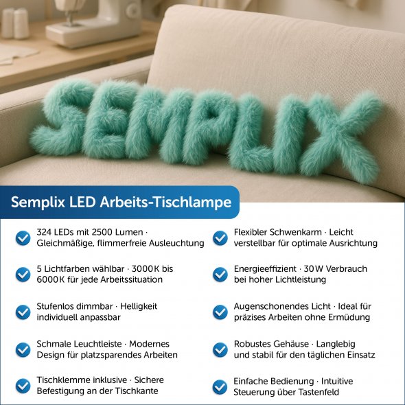 Semplix LED Arbeits-Tischlampe weiß (324 LED/ dimmbar in 5 Stufen/ Tischklemme)