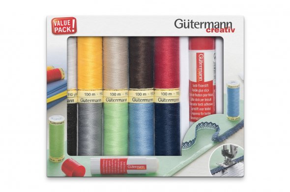 Gütermann Nähfaden-Set + Gütermann Fixierstift (10 Spulen/ 100 m)