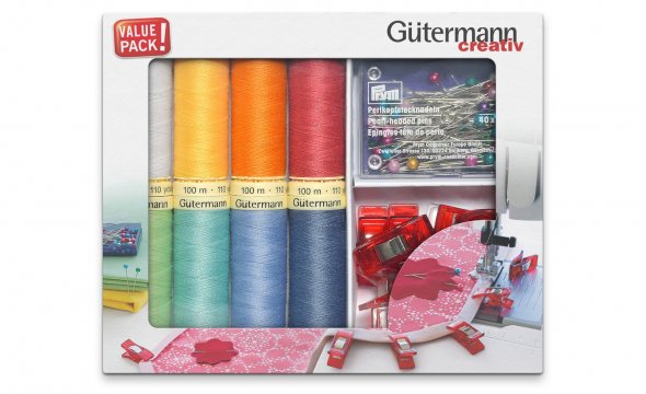Gütermann Nähfaden-Set + Stoffclips + Stecknadeln (8 Spulen/ 100 m)