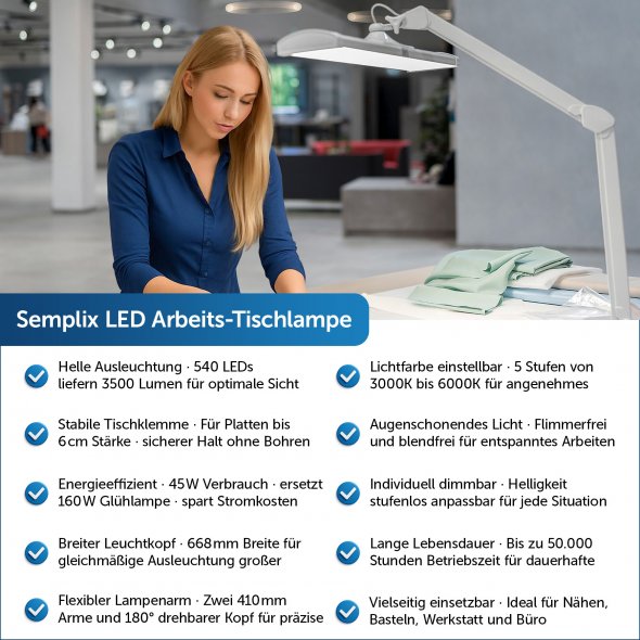 Semplix LED Arbeits-Tischlampe weiß (540 LED/ dimmbar/ Tischklemme)