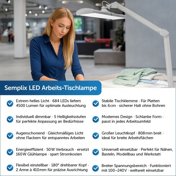 Semplix LED Arbeits-Tischlampe silber (684 LED/ dimmbar/ Tischklemme)