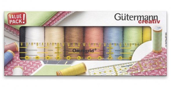 Gütermann Baumwolle C Ne 50 Nähfaden-Set + Prym Lineal 3 x 15 cm (8 Farben/ 100 m)