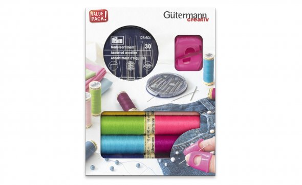 Gütermann Allesnäher + Handnähnadel + Greifer Nähfaden-Set (8 Farben/ 100 m)