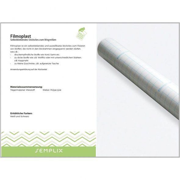 Semplix Filmoplast® (50 cm x 4,9 m/ selbstkleb. Stickvlies zum Wegreißen/ weiß)