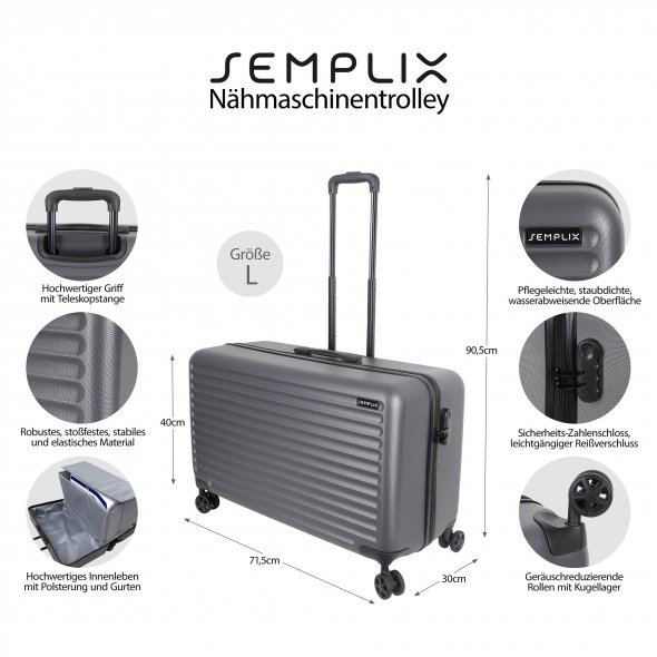 Semplix Nähmaschinentrolley (L / stahlgrau / Hartschale)