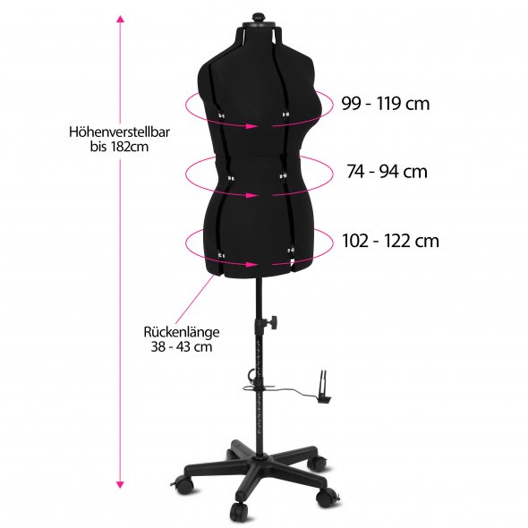 Schneiderpuppe/Schneiderbüste Supa Fit "M" mit Rollen (verstellbar / schwarz)